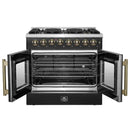 Front view of the FORNO Galiano 36-Inch Dual Fuel Range in black with both French oven doors open, highlighting the spacious interior and blue enamel finish.