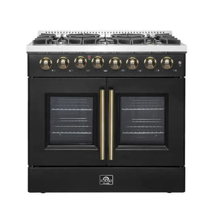 Front view of the FORNO Galiano 36-Inch French Door Dual Fuel Range in black, featuring six brass burners, double oven doors, and antique brass knobs on a sleek, professional design.