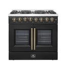 Front view of the FORNO Galiano 36-Inch French Door Dual Fuel Range in black, featuring six brass burners, double oven doors, and antique brass knobs on a sleek, professional design.