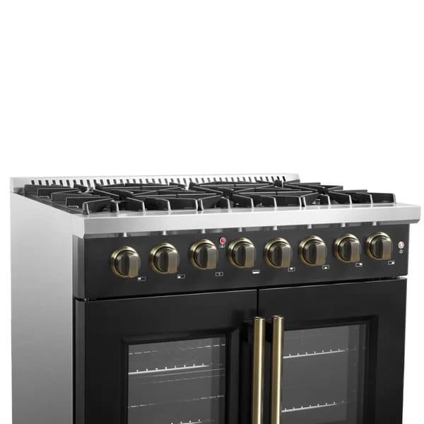 Left-angled view of the FORNO Galiano 36-Inch Dual Fuel Range in black, showcasing the control panel with zinc-coated knobs and bezel ring detailing.
