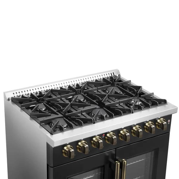 Left angled view of the cooktop on the FORNO Galiano 36-Inch French Door Dual Fuel Range in black, showcasing six sealed gas burners with continuous cast-iron grates.