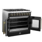 Left-angle view of the FORNO Galiano 36-Inch Dual Fuel Range in black with French oven doors open, revealing the spacious blue enamel interior and heavy-duty oven racks.