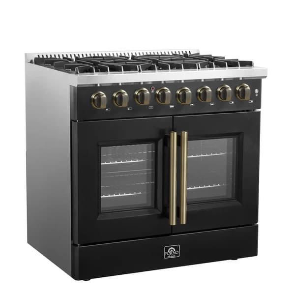 Left-angle view of the FORNO Galiano 36-Inch Dual Fuel Range in black, highlighting the French door oven design, brass burner layout, and vintage-inspired control knobs.