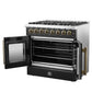 Right-angle view of the FORNO Galiano 36-Inch Dual Fuel Range in black with French doors open, showcasing the blue porcelain oven cavity and telescopic racks.
