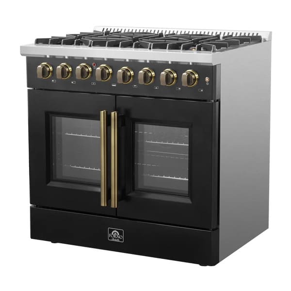 Right-angle view of the FORNO Galiano 36-Inch French Door Dual Fuel Range in black, showcasing its robust stainless steel build, six sealed burners, and premium French door oven access.