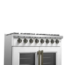 Left-angle view of the control panel on the FORNO Galiano 36-Inch French Door Dual Fuel Range in white, showcasing antique brass knobs and stainless-steel trim for a sophisticated appearance.