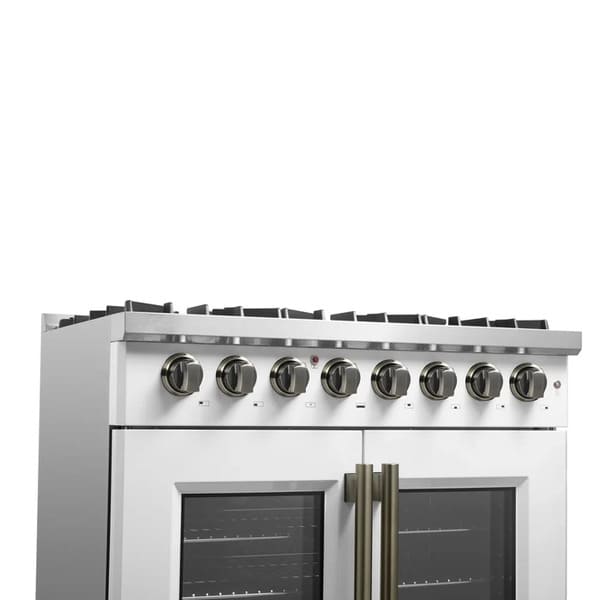 Left-angle view of the control panel on the FORNO Galiano 36-Inch French Door Dual Fuel Range in white, showcasing antique brass knobs and stainless-steel trim for a sophisticated appearance.
