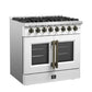 Left angled view of the FORNO Galiano 36-Inch French Door Dual Fuel Range in white, featuring brass knobs and French oven doors for a classic and elegant kitchen look.