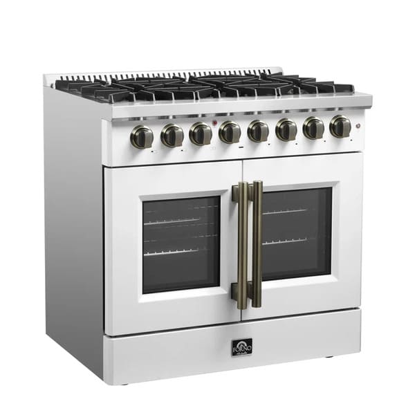 Left angled view of the FORNO Galiano 36-Inch French Door Dual Fuel Range in white, featuring brass knobs and French oven doors for a classic and elegant kitchen look.