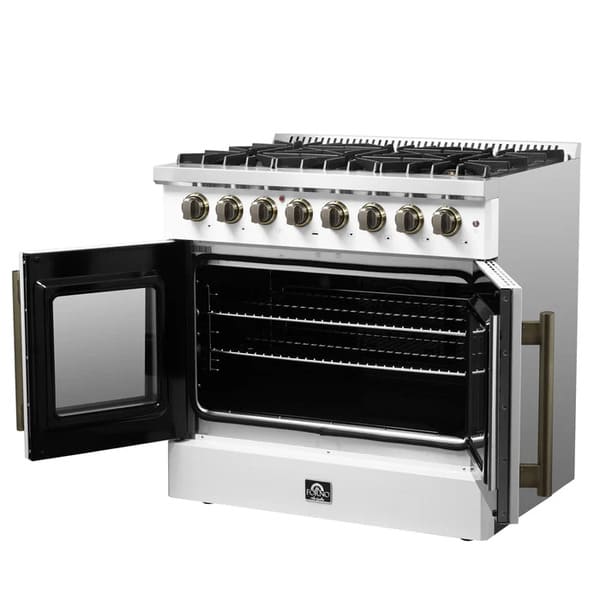 Right angled view of the FORNO Galiano 36-Inch French Door Dual Fuel Range in white with both oven doors open, showcasing the oven's interior and rack configuration.