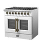 Right angled view of the FORNO Galiano 36-Inch French Door Dual Fuel Range in white, showcasing its sleek design, brass knobs, and dual fuel cooktop.