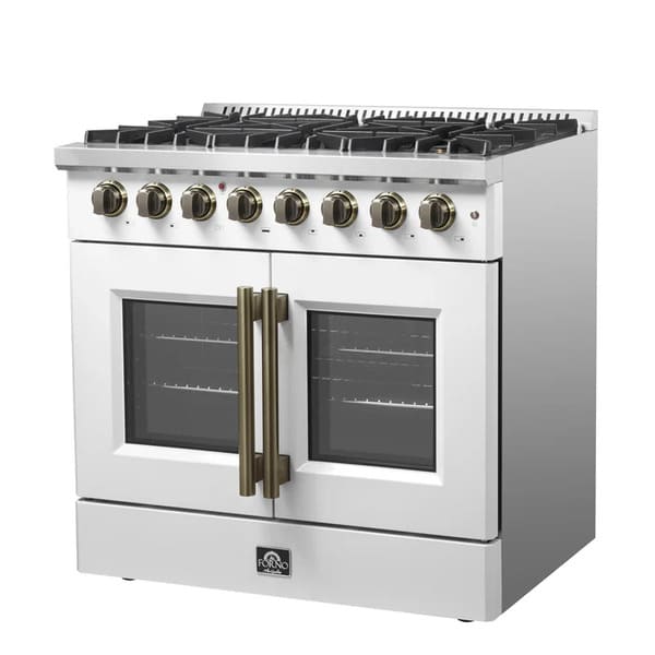 Right angled view of the FORNO Galiano 36-Inch French Door Dual Fuel Range in white, showcasing its sleek design, brass knobs, and dual fuel cooktop.
