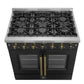 Front view of the cooktop on the FORNO Galiano 36-Inch French Door Gas Range in black, highlighting six sealed brass burners, durable cast iron grates, and a sleek matte black finish.