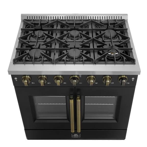 Front view of the cooktop on the FORNO Galiano 36-Inch French Door Gas Range in black, highlighting six sealed brass burners, durable cast iron grates, and a sleek matte black finish.