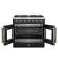 Front view of the FORNO Galiano 36-Inch French Door Gas Range in black with both oven doors open, showcasing a blue porcelain interior, convection fan, and three adjustable chrome oven racks.