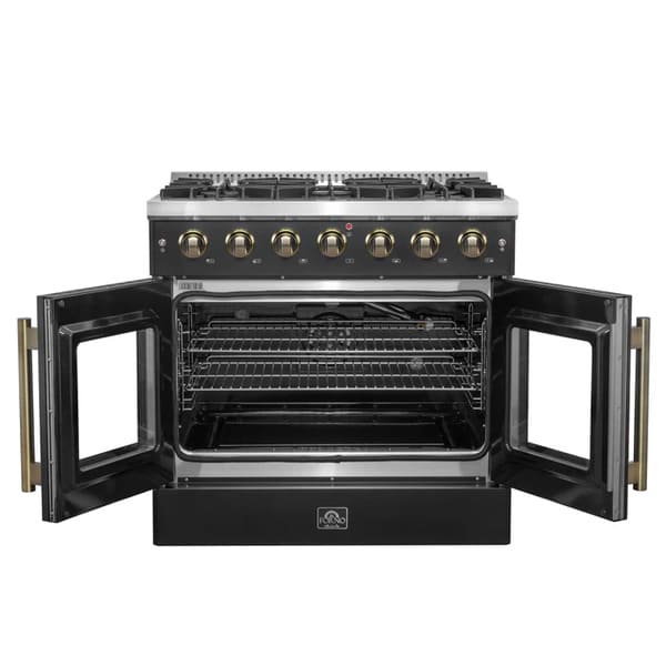 Front view of the FORNO Galiano 36-Inch French Door Gas Range in black with both oven doors open, showcasing a blue porcelain interior, convection fan, and three adjustable chrome oven racks.