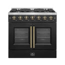 Front view of the FORNO Galiano 36-Inch French Door Gas Range in black, featuring six sealed burners, elegant French oven doors with window panes, and a modern matte black finish with brass accents.