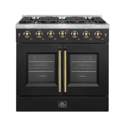 Front view of the FORNO Galiano 36-Inch French Door Gas Range in black, featuring six sealed burners, elegant French oven doors with window panes, and a modern matte black finish with brass accents.