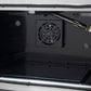 Interior view of the FORNO Galiano 36-Inch French Door Gas Range in black, highlighting the convection fan within the blue porcelain oven cavity, designed for even heat distribution and multi-rack cooking.