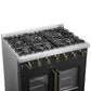 Left-angled view of the cooktop on the FORNO Galiano 36-Inch French Door Gas Range in black, showcasing six sealed brass burners, heavy-duty cast iron grates, and precise control knobs with brass accents.