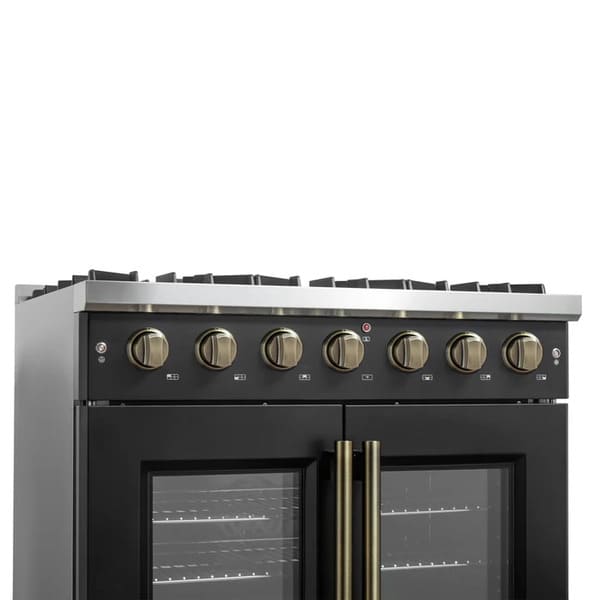 Left-angled close-up of the brass-accented control knobs on the FORNO Galiano 36-Inch French Door Gas Range in black, highlighting precision settings and sleek stainless bezel detailing.