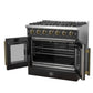 Right-angled view of the FORNO Galiano 36-Inch French Door Gas Range in black with both oven doors open, displaying the spacious blue enamel oven cavity, convection fan, and multiple chrome racks.