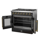 Right-angled view of the FORNO Galiano 36-Inch French Door Gas Range in black with both oven doors open, displaying the spacious blue enamel oven cavity, convection fan, and multiple chrome racks.