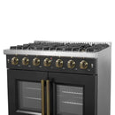 Right-angled close-up of the control knobs on the FORNO Galiano 36-Inch French Door Gas Range in black, displaying metallic bezels, ergonomic grip design, and subtle LED illumination for enhanced usability.