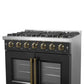 Right-angled close-up of the control knobs on the FORNO Galiano 36-Inch French Door Gas Range in black, displaying metallic bezels, ergonomic grip design, and subtle LED illumination for enhanced usability.