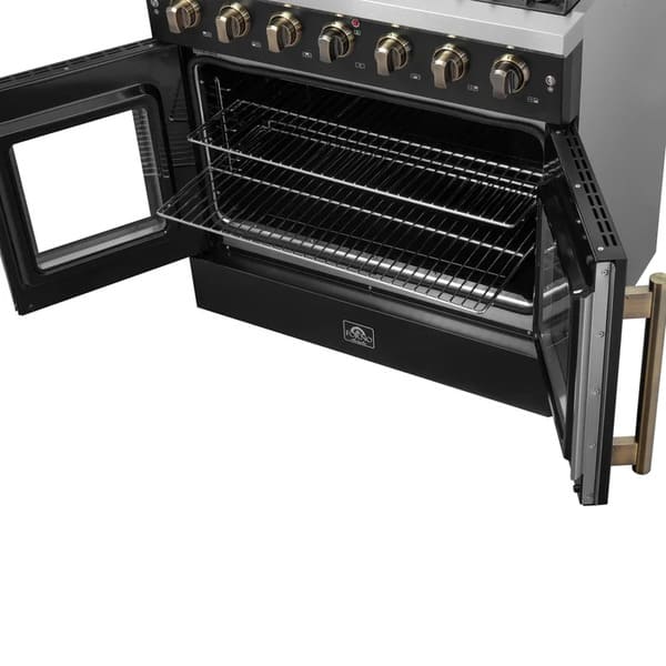Right-angled view of the oven interior in the FORNO Galiano 36-Inch French Door Gas Range in black, featuring chrome oven racks on ball-bearing slides inside a blue enamel convection oven cavity.