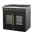Right-angled view of the FORNO Galiano 36-Inch French Door Gas Range in black, featuring six Italian brass burners, matte black finish, and double oven doors with elegant brass hardware.