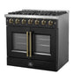 Right-angled view of the FORNO Galiano 36-Inch French Door Gas Range in black, featuring six Italian brass burners, matte black finish, and double oven doors with elegant brass hardware.