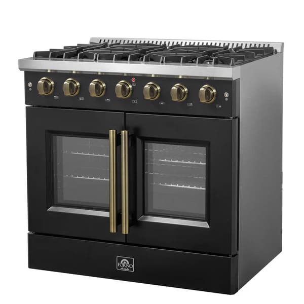 Right-angled view of the FORNO Galiano 36-Inch French Door Gas Range in black, featuring six Italian brass burners, matte black finish, and double oven doors with elegant brass hardware.