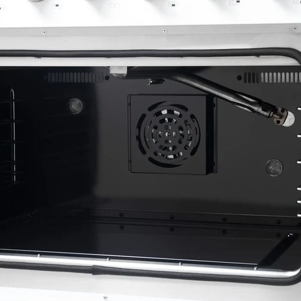 Interior close-up of the FORNO Galiano 36-Inch French Door Gas Range in white, featuring the convection oven fan set against a vibrant blue enamel backdrop for efficient, even heat circulation.