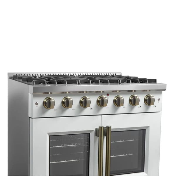 Left-angled close-up of the control panel on the FORNO Galiano 36-Inch French Door Gas Range in white, featuring illuminated brass-accented knobs and precise burner control settings.