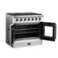 Left-angled view of the FORNO Galiano 36-Inch French Door Gas Range in white with both oven doors open, revealing a blue enamel interior, convection fan, and chrome oven racks for multi-level cooking.