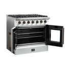 Left-angled view of the FORNO Galiano 36-Inch French Door Gas Range in white with both oven doors open, revealing a blue enamel interior, convection fan, and chrome oven racks for multi-level cooking.