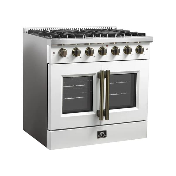 Left-angled view of the FORNO Galiano 36-Inch French Door Gas Range in white, showcasing six sealed burners, brass-finished knobs, and stylish French oven doors with a matte black exterior.