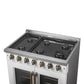 Right-angled view of the FORNO Galiano 36-Inch French Door Gas Range in white without cooktop grates, revealing six sealed brass burners and a smooth enamel surface for easy cleaning and maintenance.