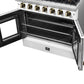 Right-angled view of the oven interior in the FORNO Galiano 36-Inch French Door Gas Range in white, featuring chrome oven racks on ball-bearing slides inside a blue enamel convection oven cavity.
