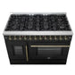 FORNO Galiano 48-Inch French Door Dual Fuel Range with 8 Burners and 6.58 Cu. Ft. Electric Convection Oven in Black/White with Antique Brass Trim