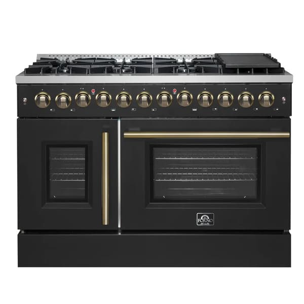 Front view of the FORNO Galiano 48-Inch French Door Dual Fuel Range in Black, showcasing its elegant French doors, brass-accented knobs, and spacious stainless-steel cooktop.