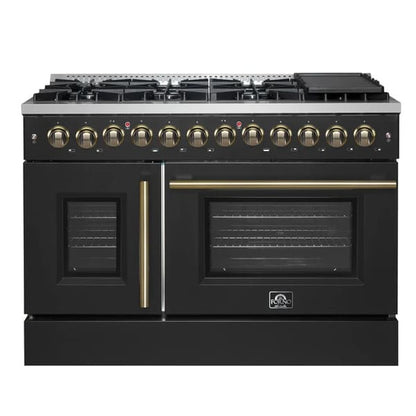 Front view of the FORNO Galiano 48-Inch French Door Dual Fuel Range in Black, showcasing its elegant French doors, brass-accented knobs, and spacious stainless-steel cooktop.