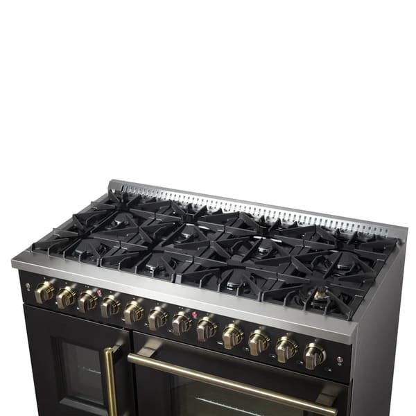 FORNO Galiano 48-Inch French Door Dual Fuel Range with 8 Burners and 6.58 Cu. Ft. Electric Convection Oven in Black/White with Antique Brass Trim
