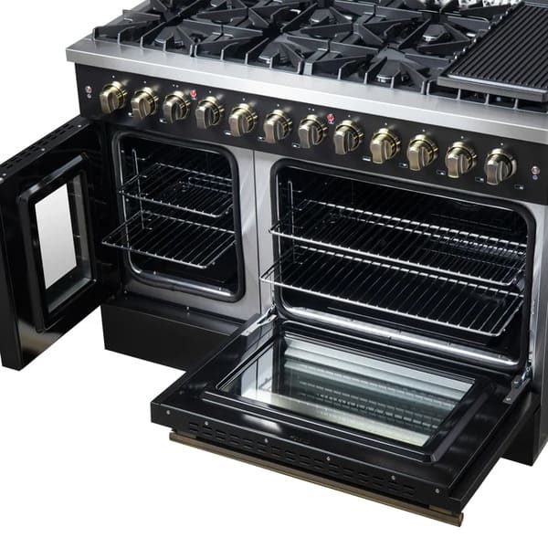 FORNO Galiano 48-Inch French Door Dual Fuel Range with 8 Burners and 6.58 Cu. Ft. Electric Convection Oven in Black/White with Antique Brass Trim