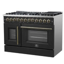 Right-angled view of the FORNO Galiano 48-Inch French Door Dual Fuel Range in Black, showcasing its dual ovens, French door design, and robust stainless-steel cooktop with multiple burners.