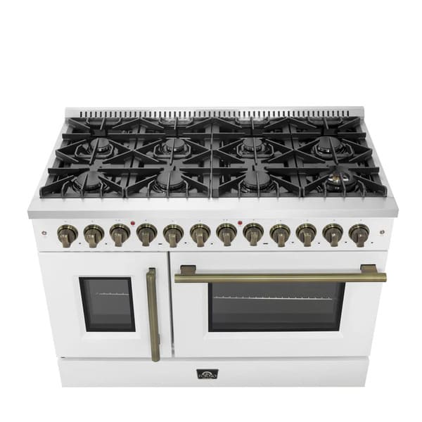 FORNO Galiano 48-Inch French Door Dual Fuel Range with 8 Burners and 6.58 Cu. Ft. Electric Convection Oven in Black/White with Antique Brass Trim