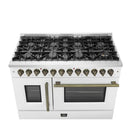 FORNO Galiano 48-Inch French Door Dual Fuel Range with 8 Burners and 6.58 Cu. Ft. Electric Convection Oven in Black/White with Antique Brass Trim