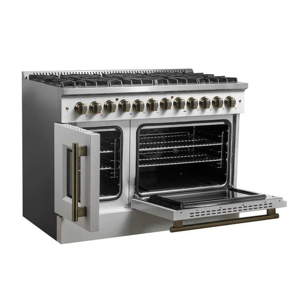FORNO Galiano 48-Inch French Door Dual Fuel Range with 8 Burners and 6.58 Cu. Ft. Electric Convection Oven in Black/White with Antique Brass Trim