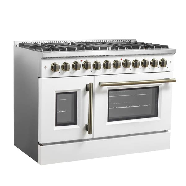 FORNO Galiano 48-Inch French Door Dual Fuel Range with 8 Burners and 6.58 Cu. Ft. Electric Convection Oven in Black/White with Antique Brass Trim